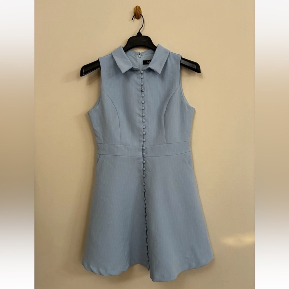 Lulus Blue Pinstriped Collared Mini Dress With Pockets NWT Size L Large - Picture 8 of 11